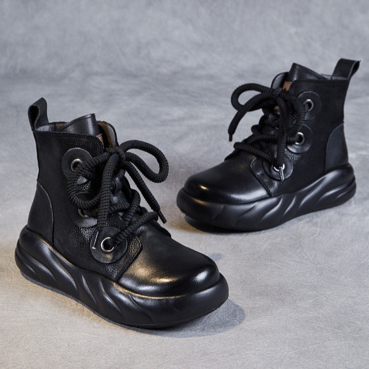 Women's Genuine Leather Lace-Up Ankle Boots – Casual Platform Chunky Sole