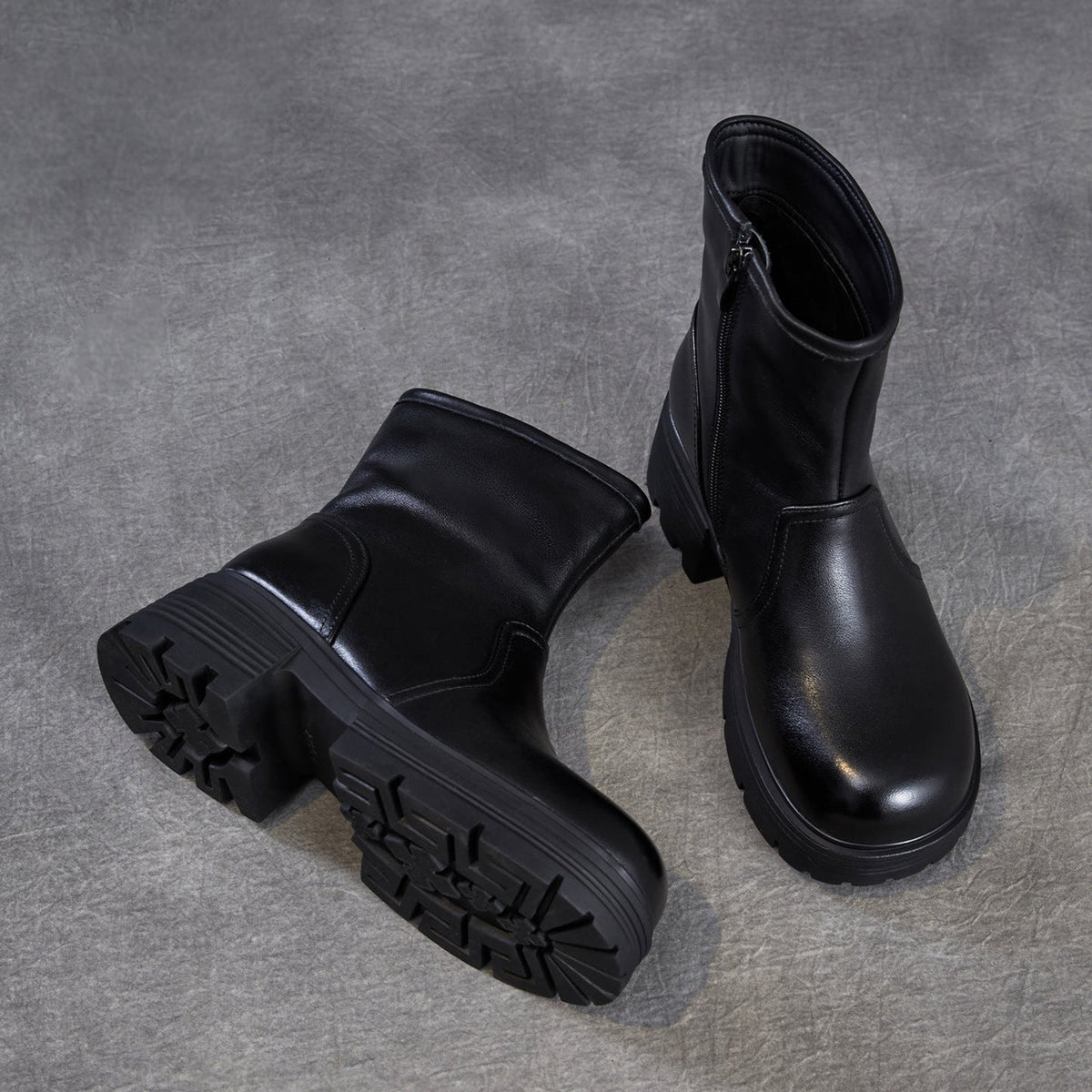 Women's Top-Grain Leather Ankle Boots Chunky Platform Block Heel Side Zipper Booties