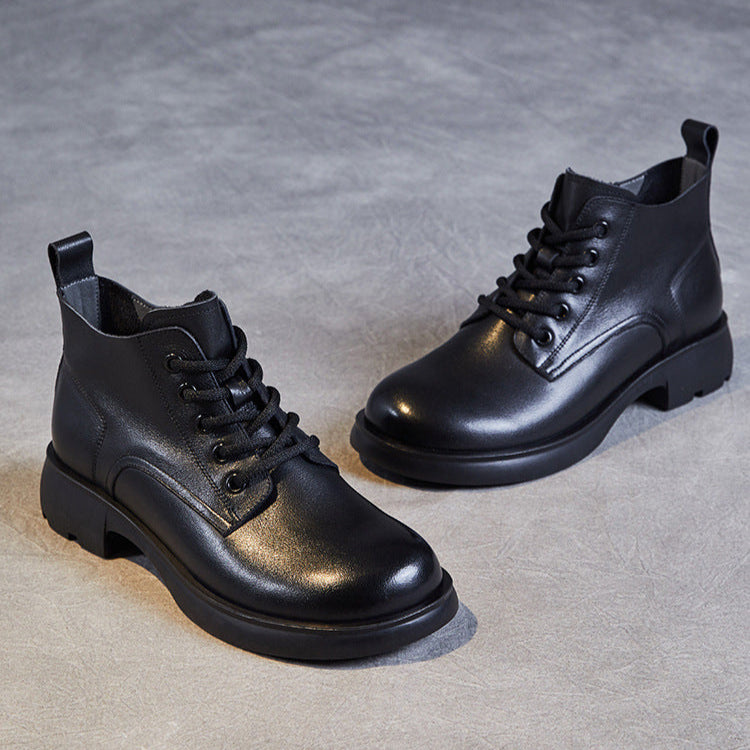 Women's Genuine Leather Casual Ankle Boots – Round Toe with Side Zipper