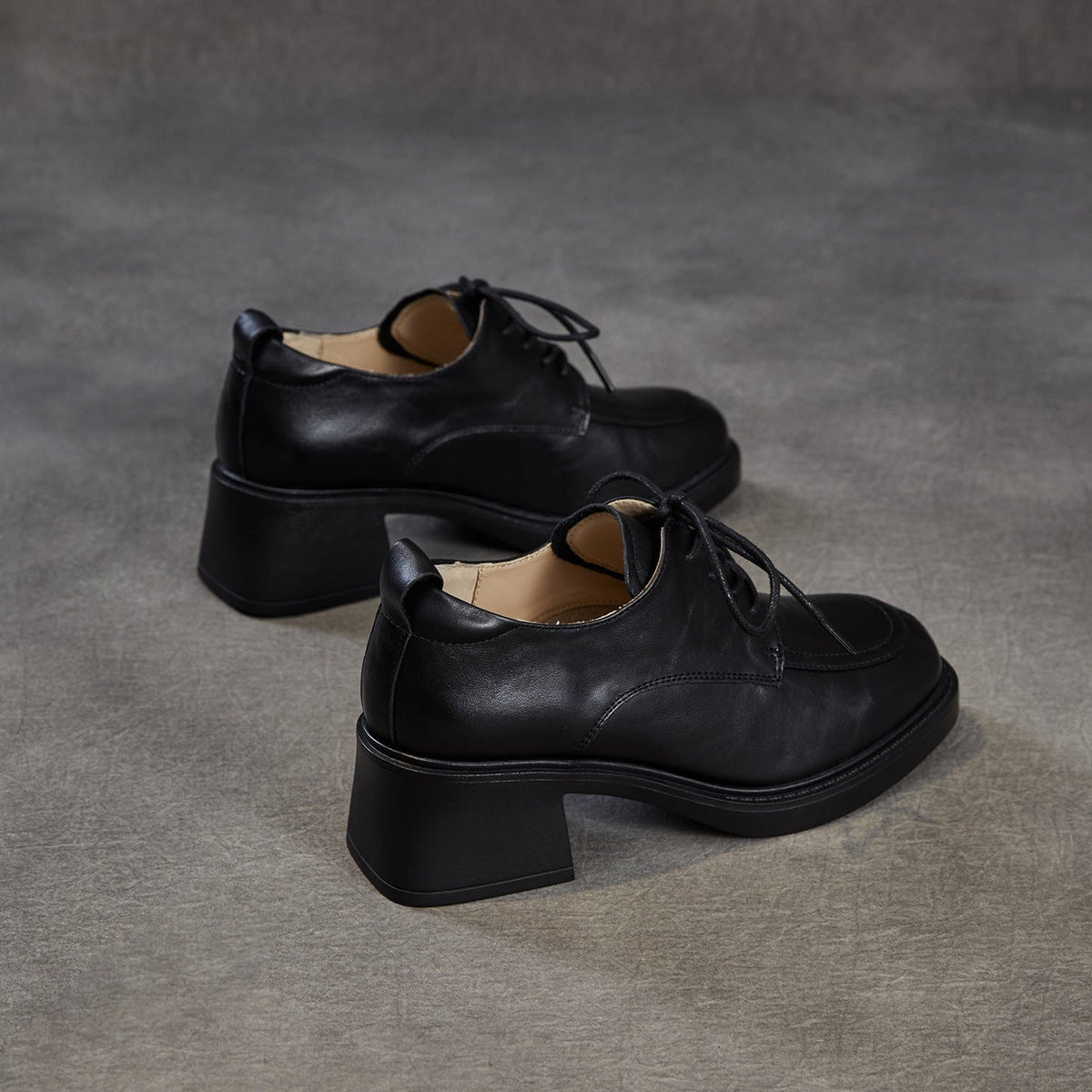 Women's Top-Grain Leather Oxford Shoes Chunky High Heel Lace Up Platform Pumps