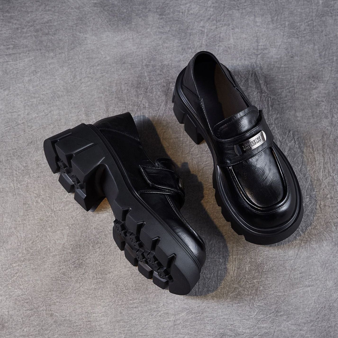 Women’s Leather Platform Block Heel Loafers – Vintage Metal Detail