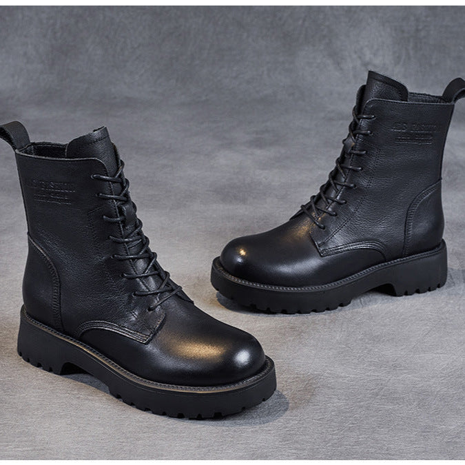 Women's Genuine Leather Casual Combat Boots with Side Zipper Closure
