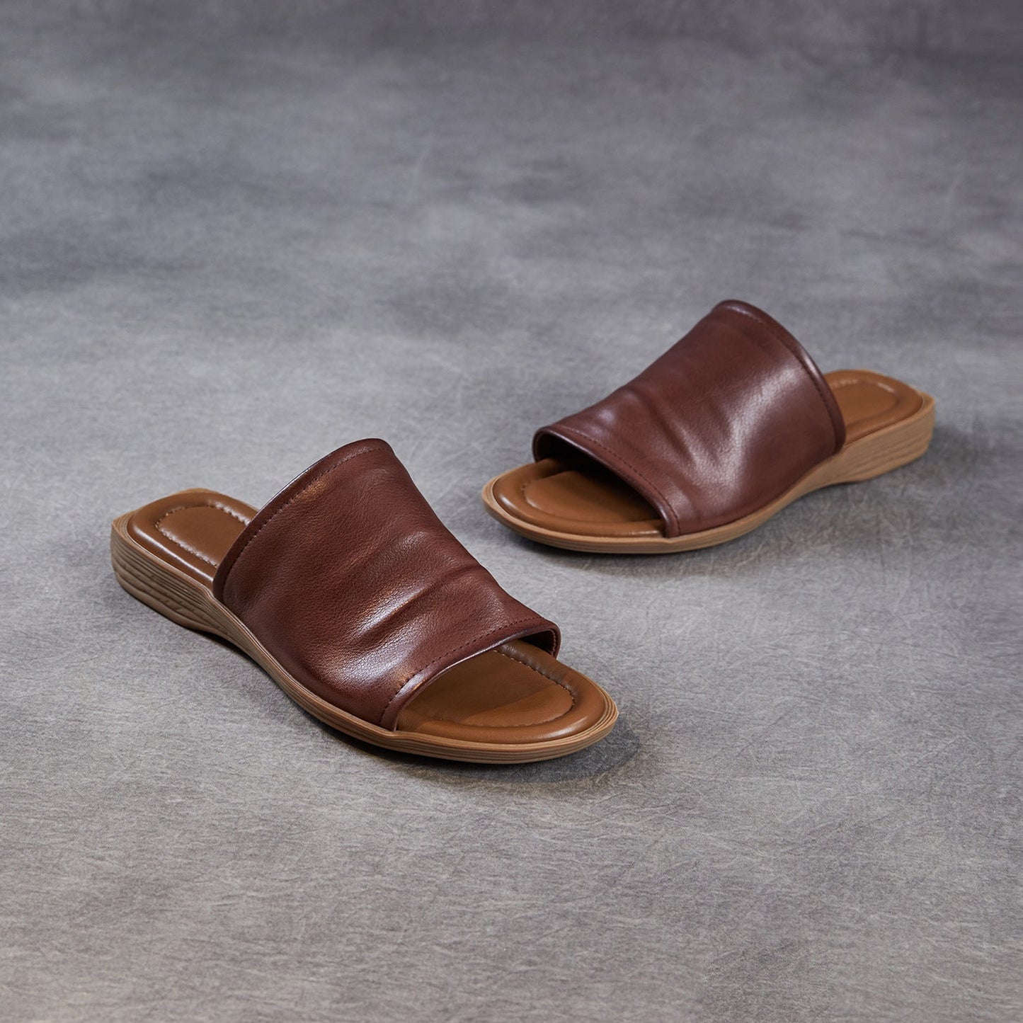 Women's Open Toe Leather Ruched Mules - Zen Style Cowhide Summer Slides