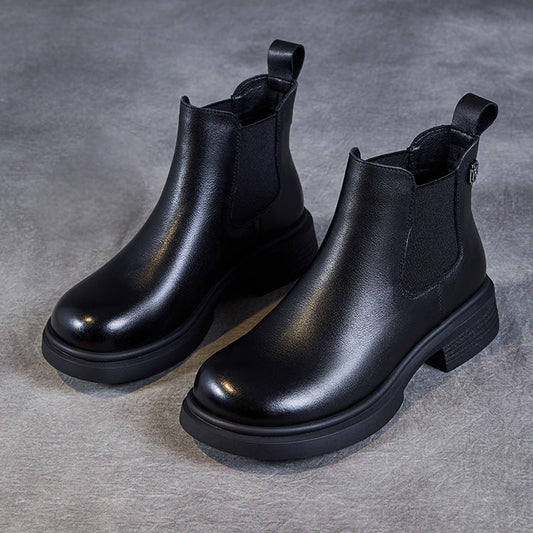 Women's Leather Short Boots – Chelsea Style Chunky Heel Comfort Shoes