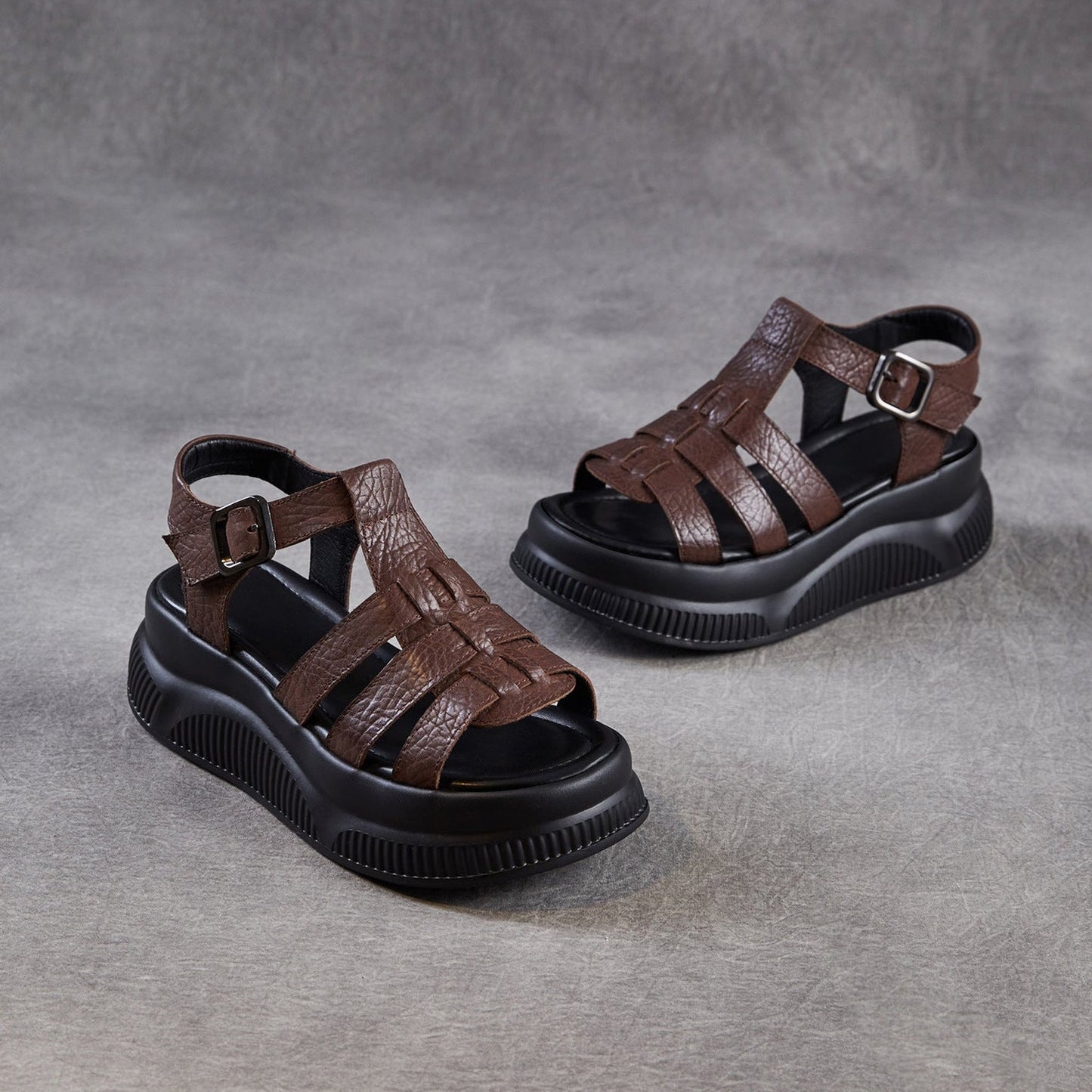 Women's Retro Leather Roman Sandals Vintage Round Toe Platform Chunky Platform Heels