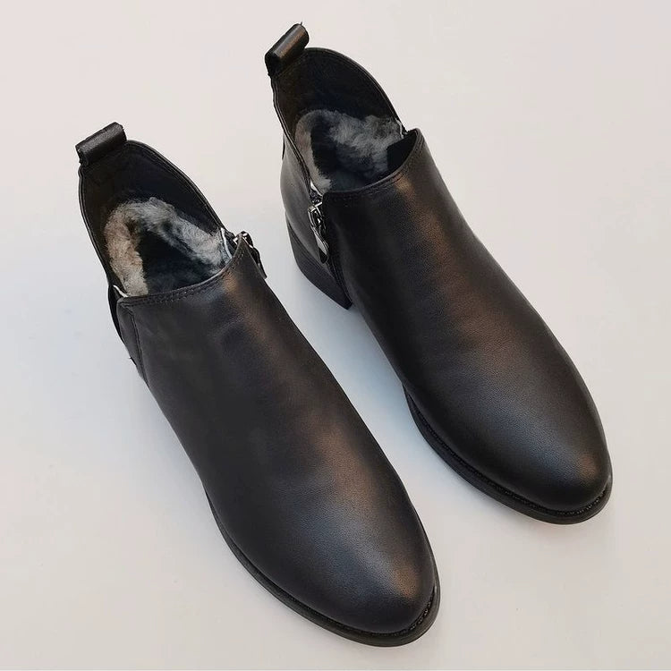 Women's Genuine Leather Ankle Boots Low Block Heel Side Zip Ankle Booties