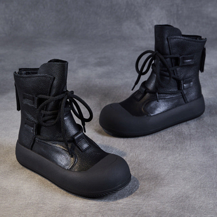 Women's Lace-Up Platform Boots – Genuine Leather Casual Back Zipper Boots