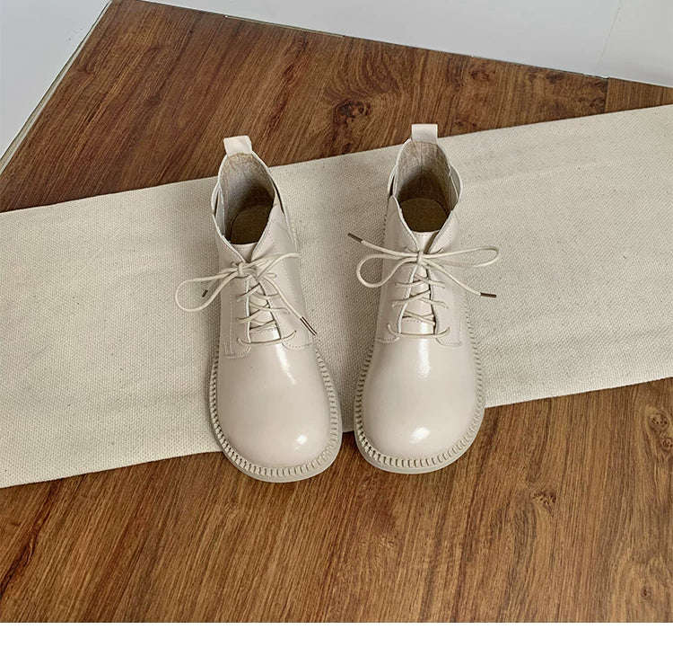 Women's Vegan Leather Ankle Boots Lace Up Casual Low Heel Booties Comfortable Walking Shoes