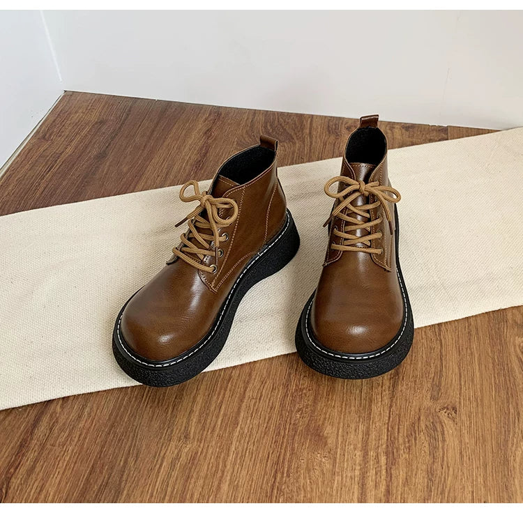 Women's Ankle Boots Lace Up Platform Work Booties Low Heel