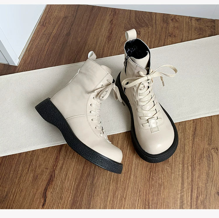 Women's Ankle Boots Lace Up Mid Calf Combat Booties Platform Low Heel
