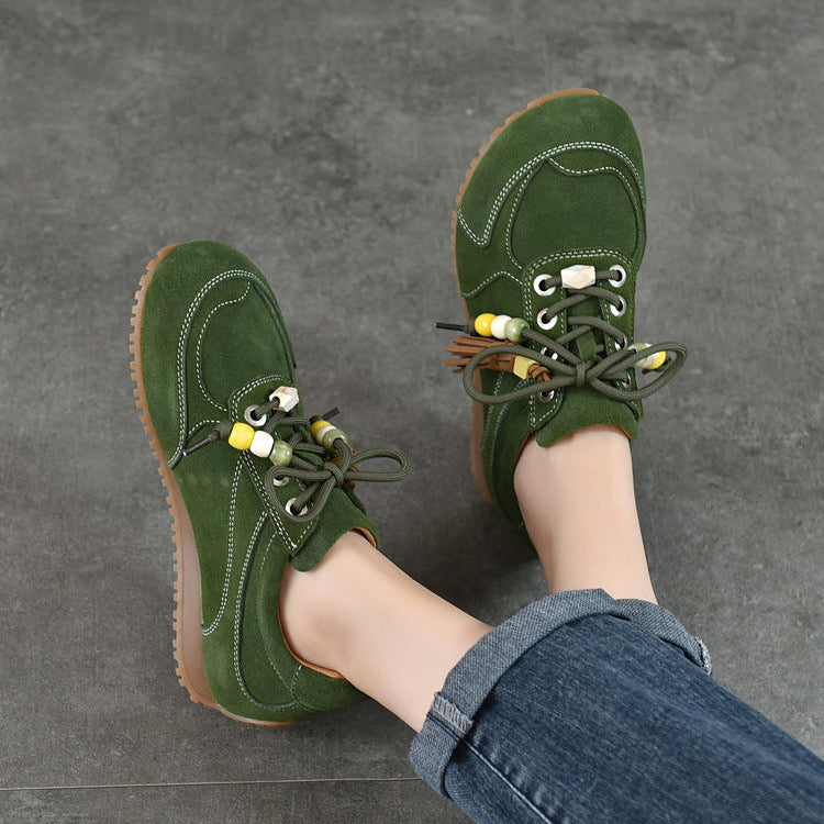 Women’s Spring Retro Beaded Leather Sneakers – Casual Lightweight Shoes