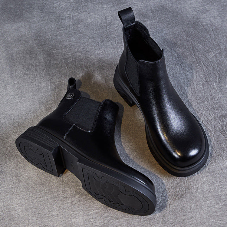 Women's Leather Short Boots – Chelsea Style Chunky Heel Comfort Shoes