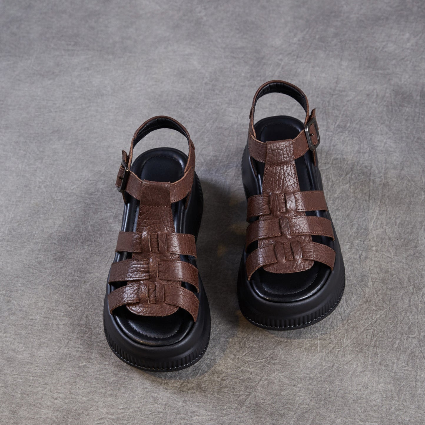 Women's Retro Leather Roman Sandals Vintage Round Toe Platform Chunky Platform Heels