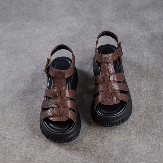 Women's Retro Leather Roman Sandals Vintage Round Toe Platform Chunky Platform Heels