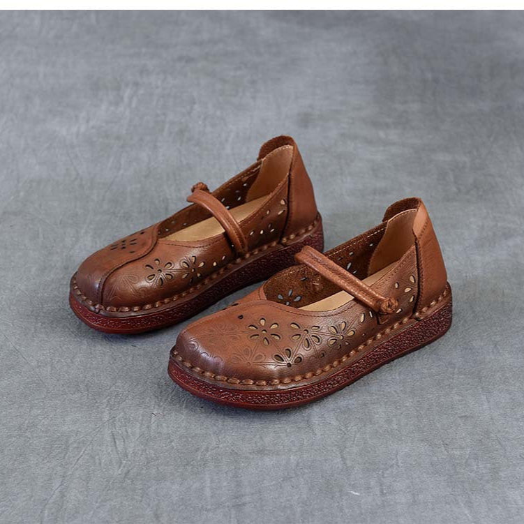 Women's Leather Floral Cutout Sandals – Breathable Summer Style