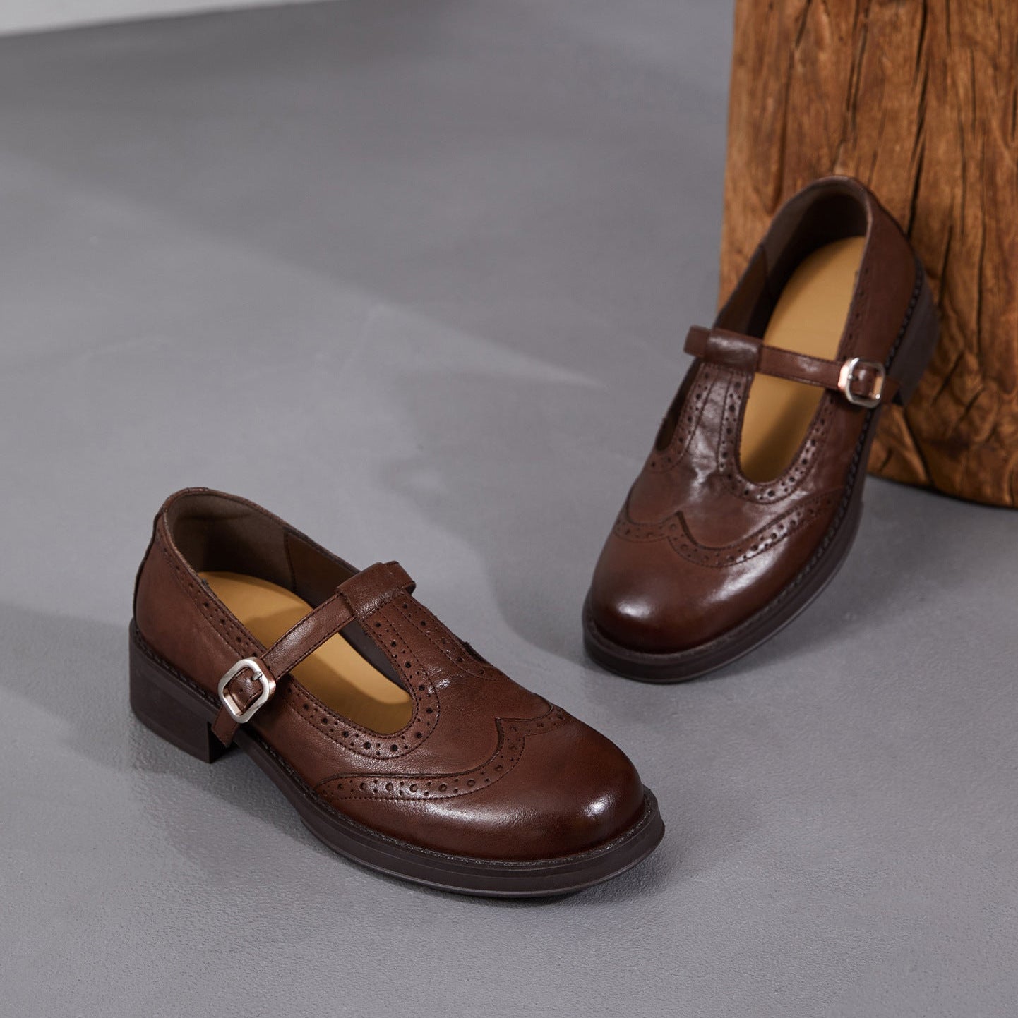 Women's Brogue T-Strap Mary Janes - Unlined Cowhide Leather - Block Heel