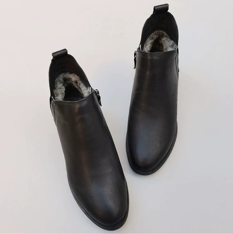 Women's Genuine Leather Ankle Boots Low Block Heel Side Zip Ankle Booties