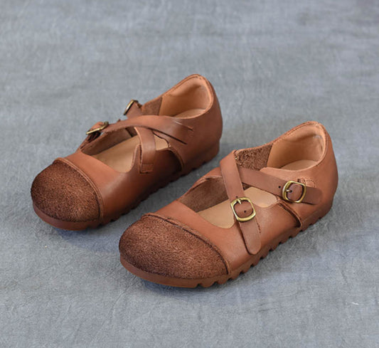 Women's Leather Cintage Patchwork Flat Cross Strap Casual Shoes