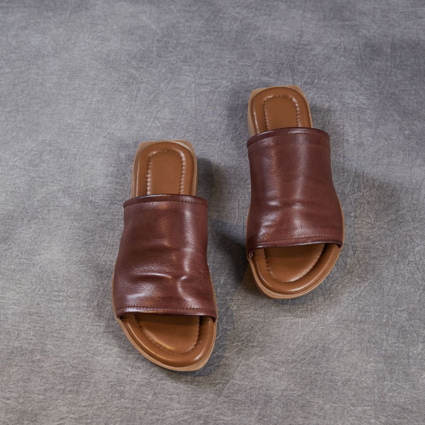 Women's Open Toe Leather Ruched Mules - Zen Style Cowhide Summer Slides