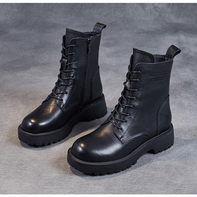 Women's Genuine Leather Casual Combat Boots with Side Zipper Closure