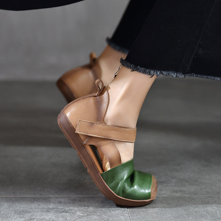 Handmade Leather Sandals - Women's Retro Square Toe Walking Flats with Velcro Strap