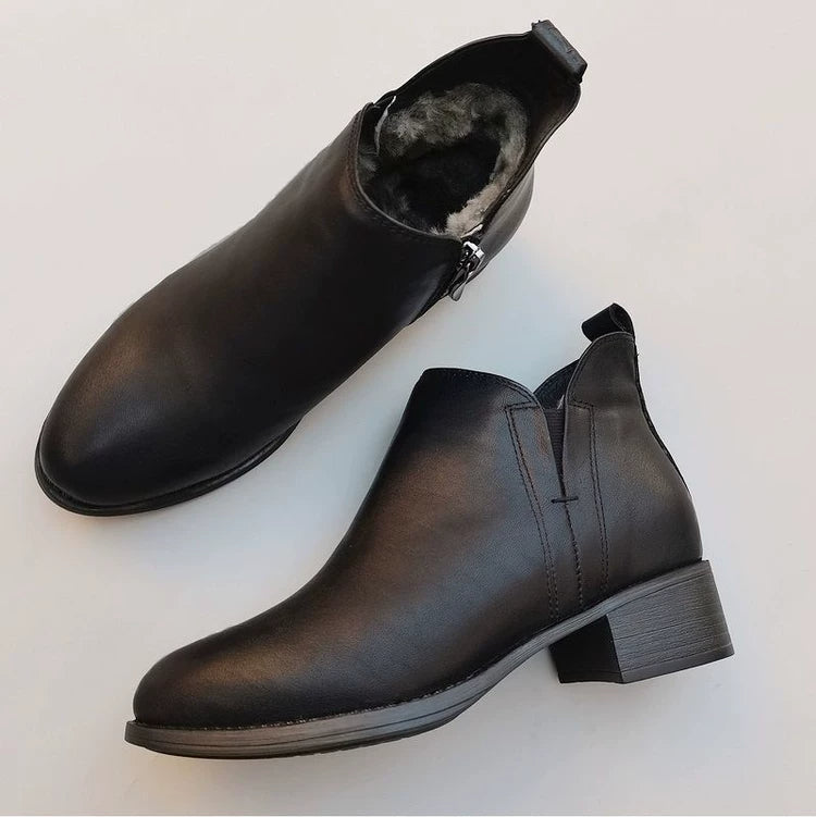 Women's Genuine Leather Ankle Boots Low Block Heel Side Zip Ankle Booties