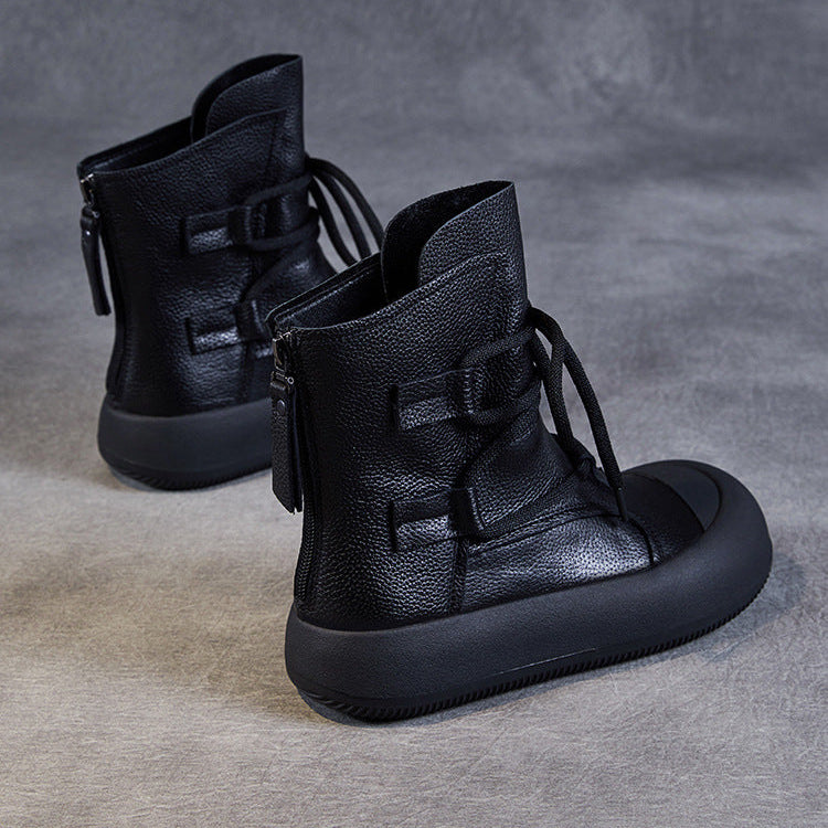 Women's Lace-Up Platform Boots – Genuine Leather Casual Back Zipper Boots