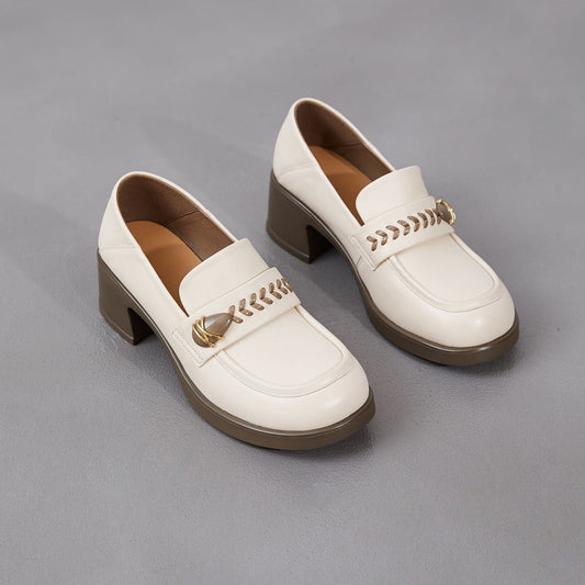 Women's Retro Sheepskin Loafers Vintage Round Toe Woven Strap Chunky Heels