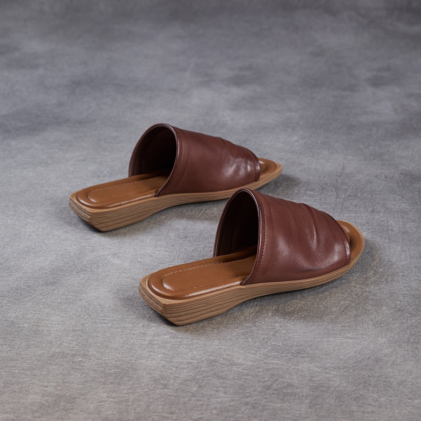 Women's Open Toe Leather Ruched Mules - Zen Style Cowhide Summer Slides