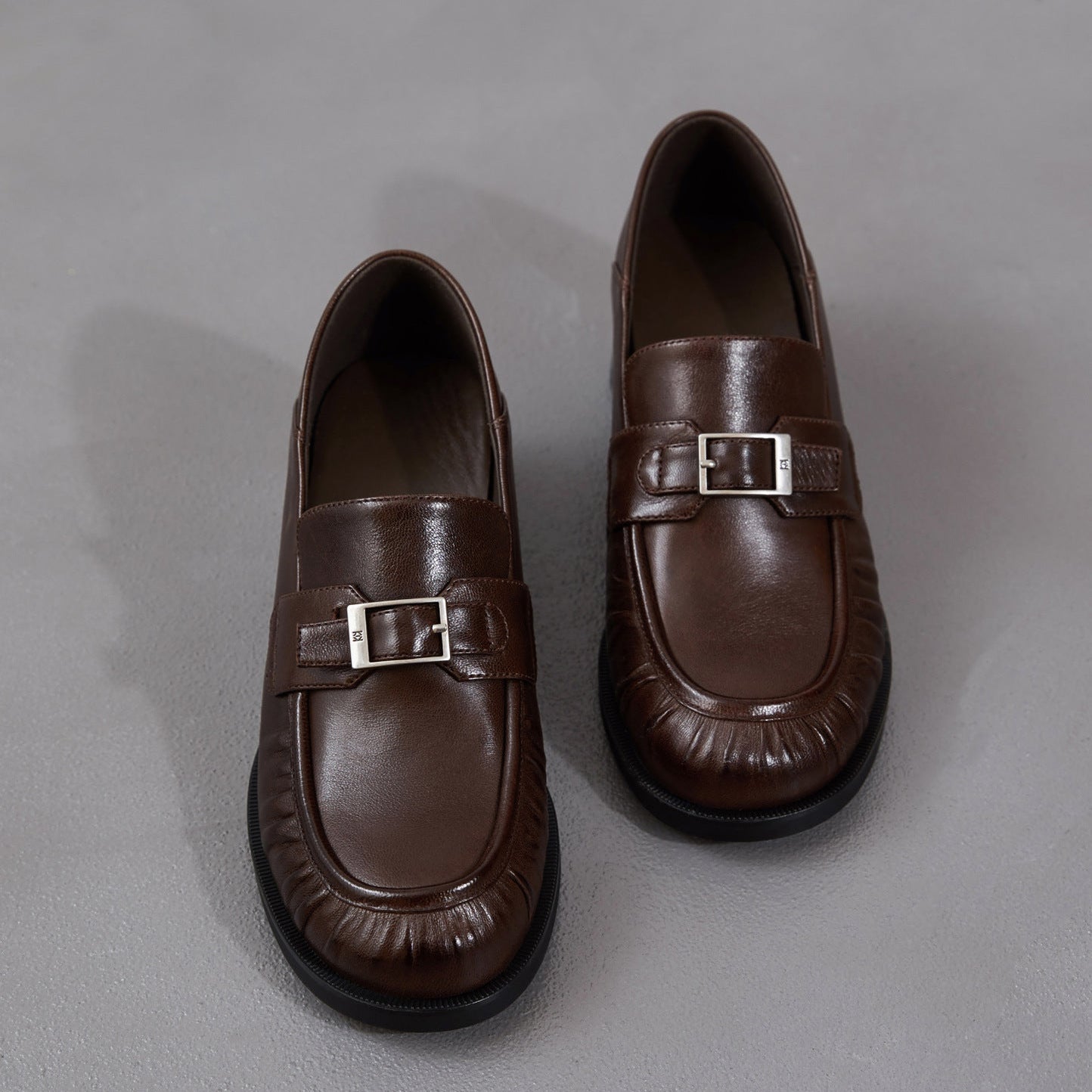 Women's Sheepskin Loafers - Ruched Leather Buckle Block Heel