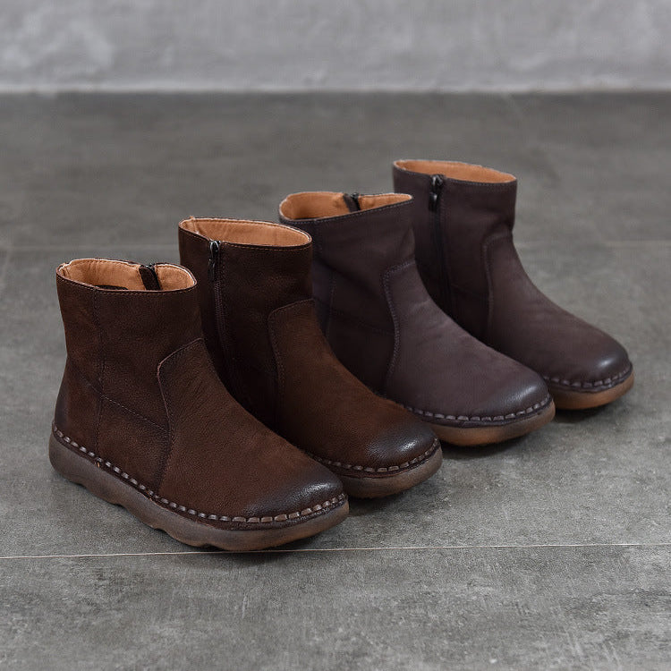 Women's Leather Zipper Ankle Boots – Comfortable Flat Casual Style