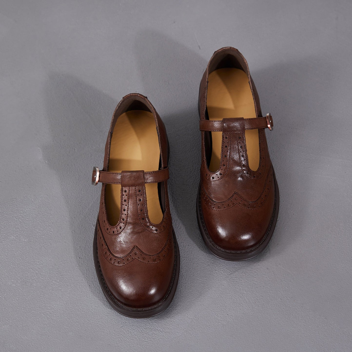 Women's Brogue T-Strap Mary Janes - Unlined Cowhide Leather - Block Heel