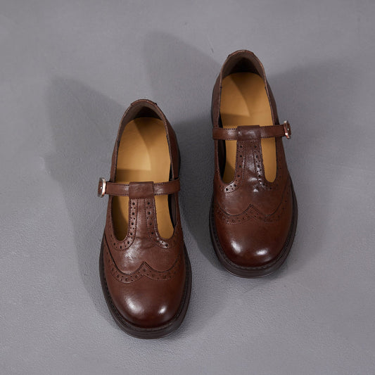 Women's Brogue T-Strap Mary Janes - Unlined Cowhide Leather - Block Heel