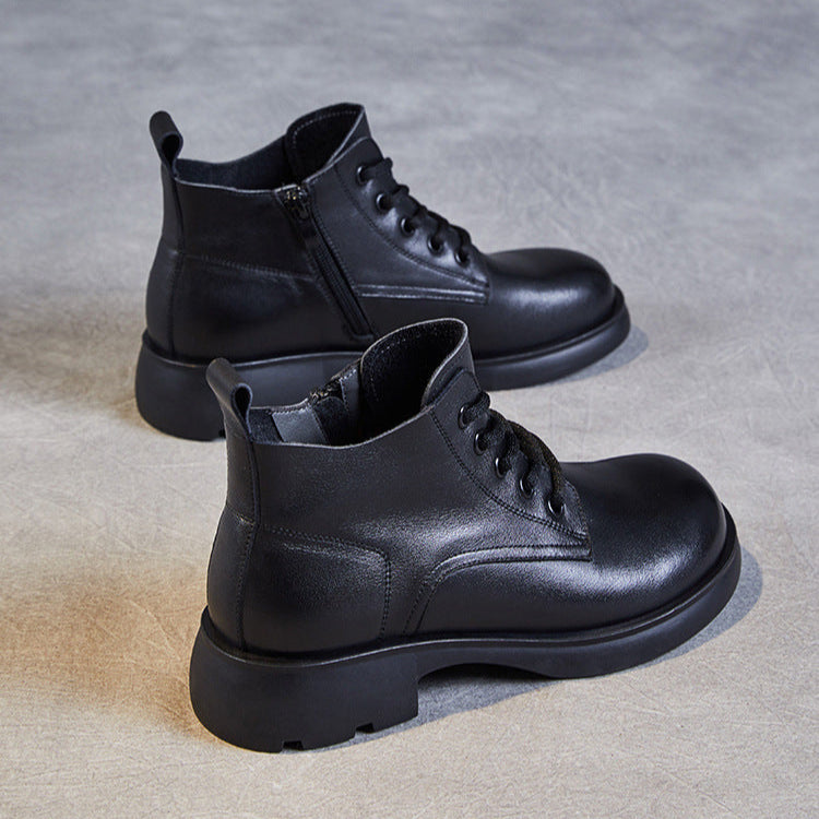 Women's Genuine Leather Casual Ankle Boots – Round Toe with Side Zipper