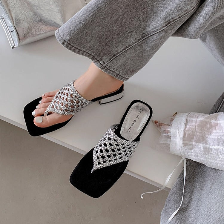 Women's Mesh Mid Heel Slide Sandals – Block Heel Toe Loop Design