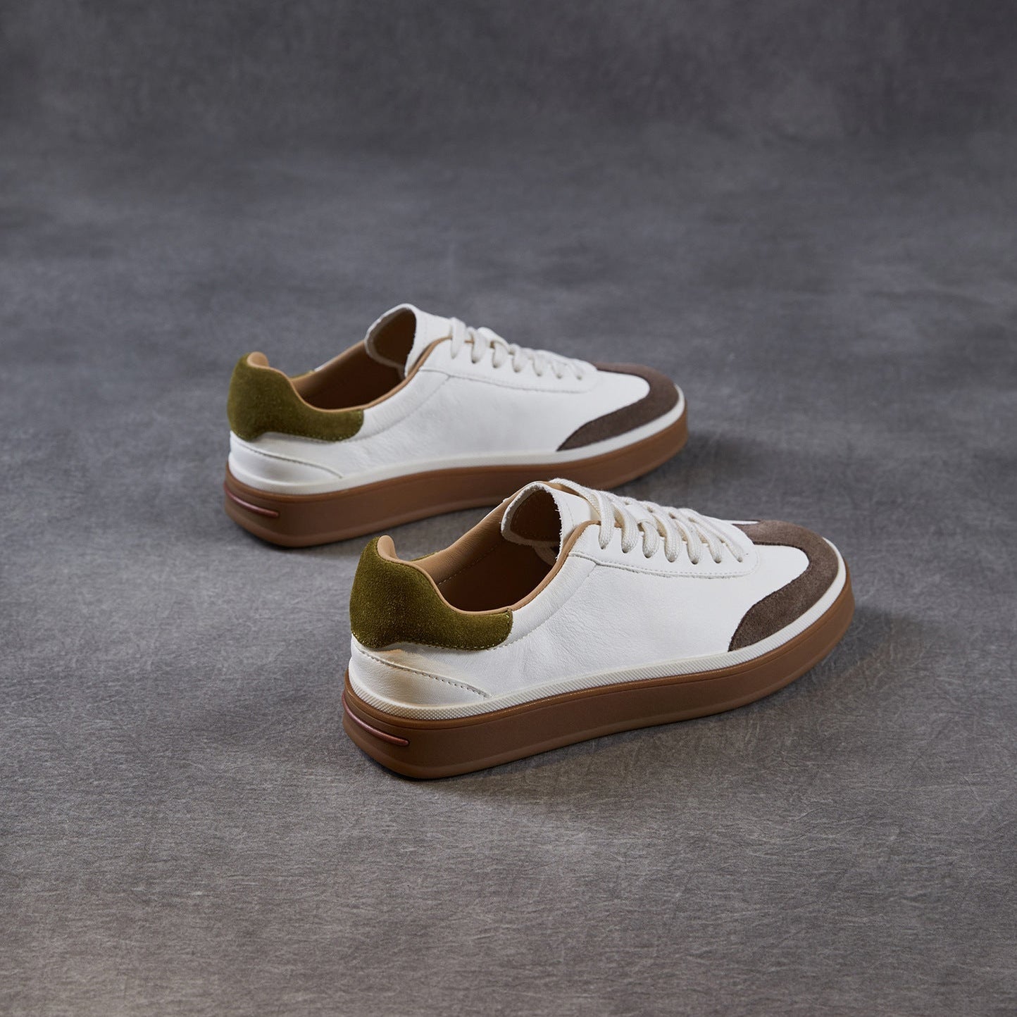 Womens Retro Cowhide Suede Patchwork Sneakers Vintage Round Toe Gum Sole Lace-up Flats
