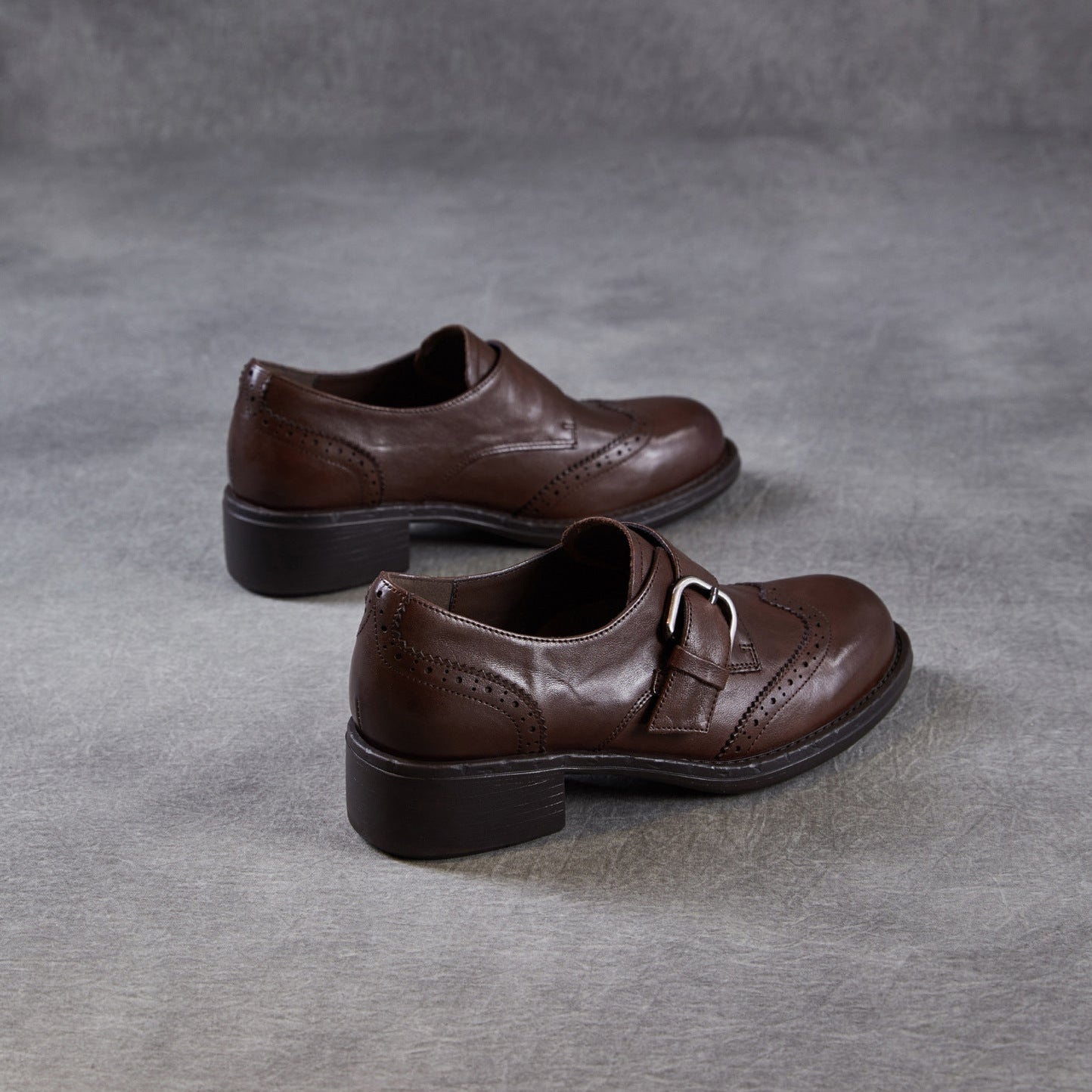 Women's Retro Leather Monk Strap Shoes Vintage Round Toe Brogue Chunky Heels