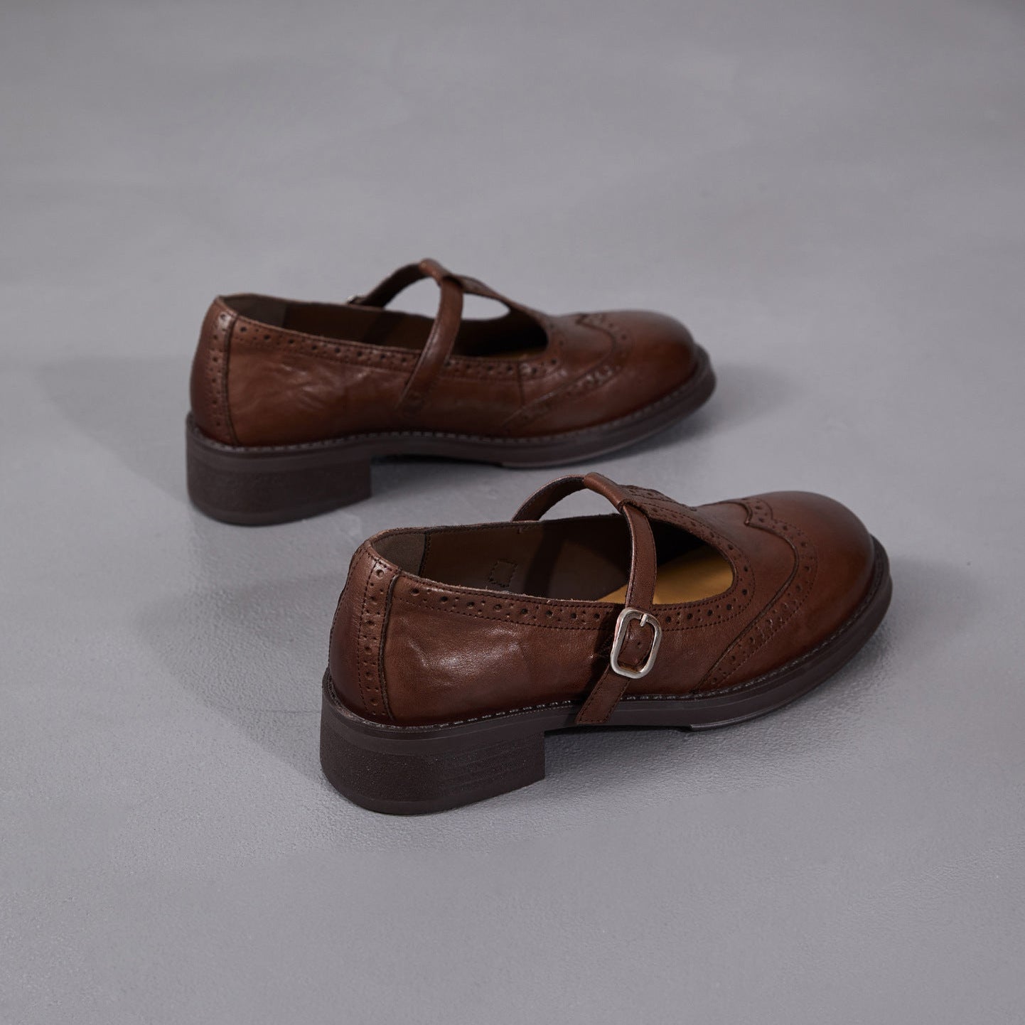 Women's Brogue T-Strap Mary Janes - Unlined Cowhide Leather - Block Heel