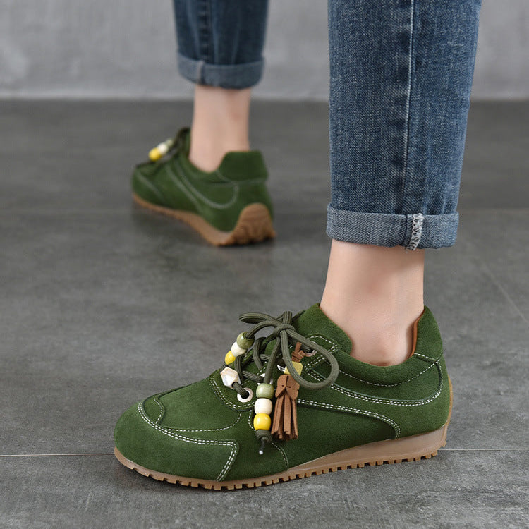 Women’s Spring Retro Beaded Leather Sneakers – Casual Lightweight Shoes