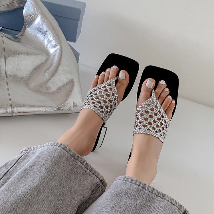 Women's Mesh Mid Heel Slide Sandals – Block Heel Toe Loop Design