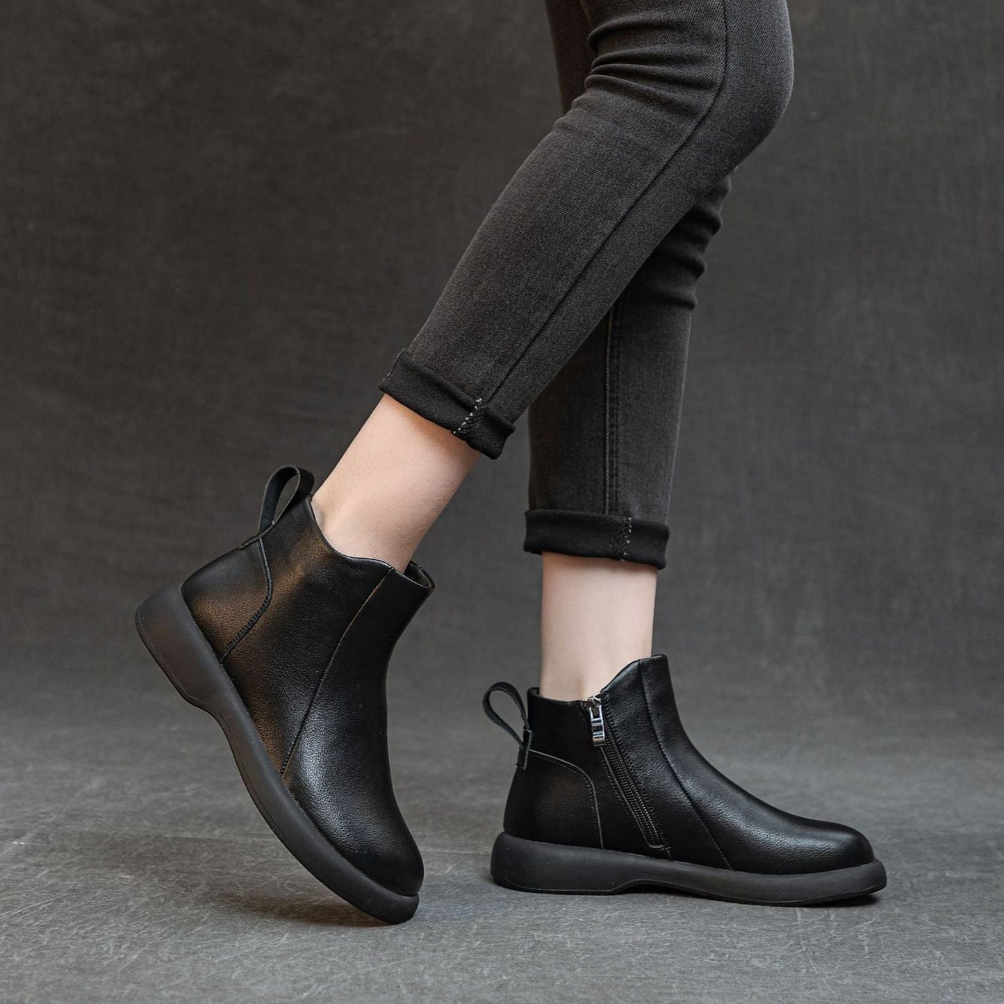 Women's Comfortable Leather Ankle Boots – Low Heel with Side Zipper