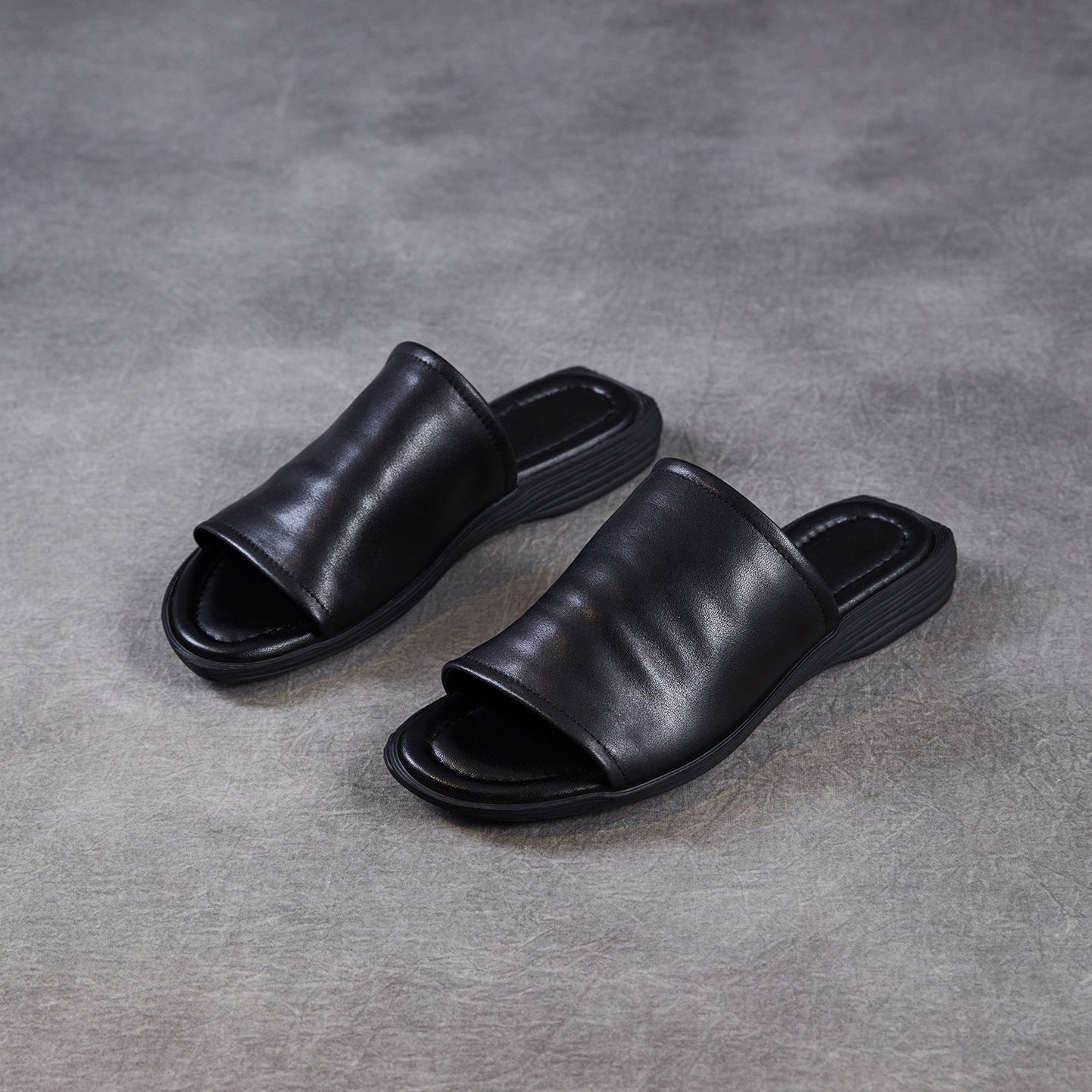 Women's Open Toe Leather Ruched Mules - Zen Style Cowhide Summer Slides