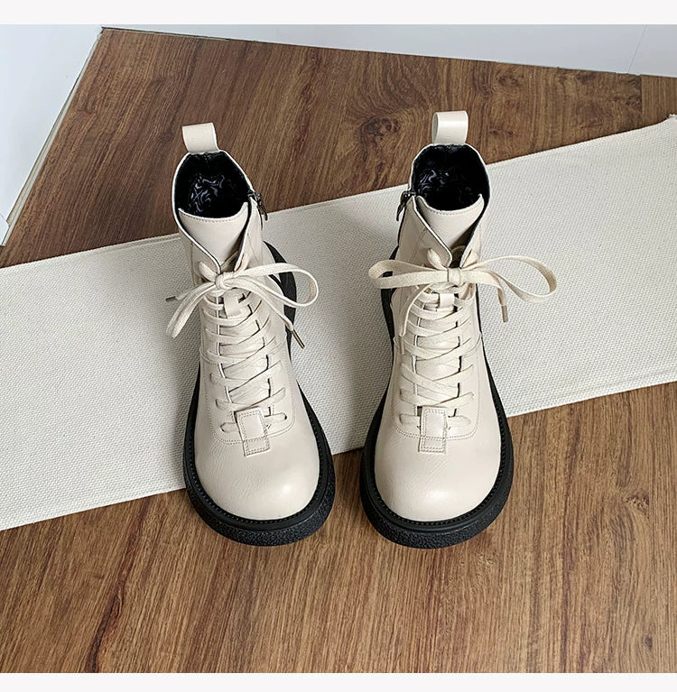 Women's Ankle Boots Lace Up Mid Calf Combat Booties Platform Low Heel