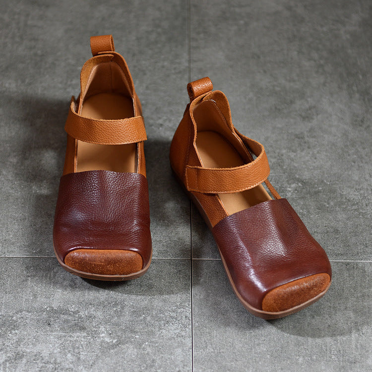 Handmade Leather Sandals - Women's Retro Square Toe Walking Flats with Velcro Strap