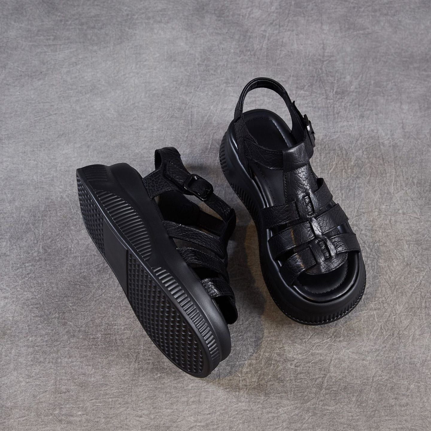 Women's Retro Leather Roman Sandals Vintage Round Toe Platform Chunky Platform Heels