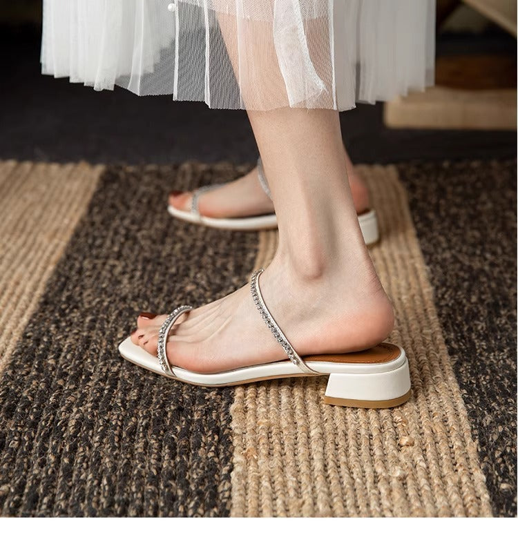 Women's Rhinestone Low Heel Sandals – Minimalist French Style for Summer