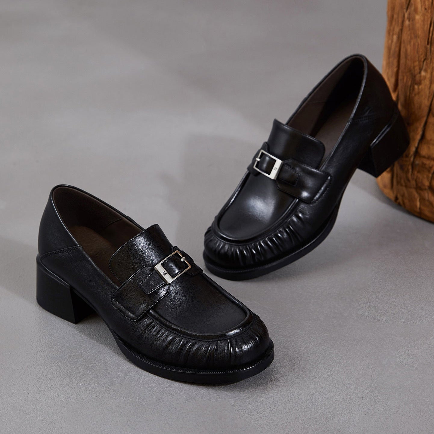 Women's Sheepskin Loafers - Ruched Leather Buckle Block Heel