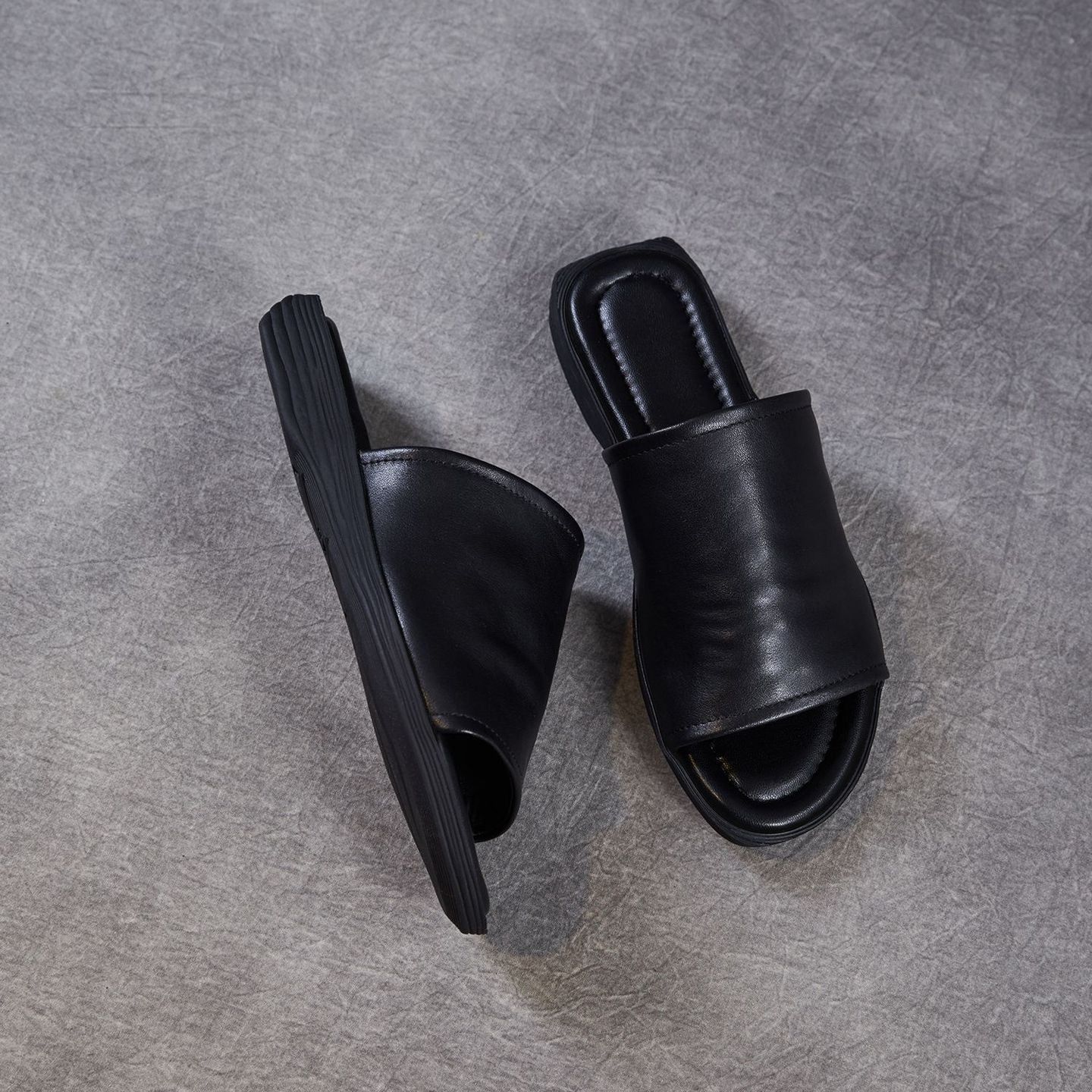 Women's Open Toe Leather Ruched Mules - Zen Style Cowhide Summer Slides
