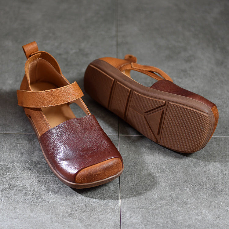 Handmade Leather Sandals - Women's Retro Square Toe Walking Flats with Velcro Strap