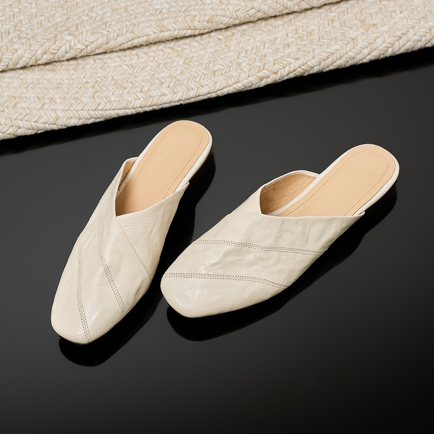 Women's Retro Lambskin Mules Vintage Square Toe Slip-on Casual Flats